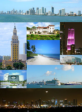 从上到下排序：市中心、自由塔、维斯盖亚庄园、迈阿密塔、弗吉尼亚礁岛海滩、阿德里安娜·阿什特表演艺术中心、FTX球馆、迈阿密港、和夜晚的迈阿密天际线